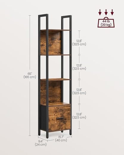 VASAGLE 5-Tier Bookshelf, Book Shelf with Drawer, Industrial Bookcase, with Steel Frame, for Living Room, Home Office, Bedroom, 9.4 x 23.6 x 65 Inches, Rustic Brown and Black ULLS147B01