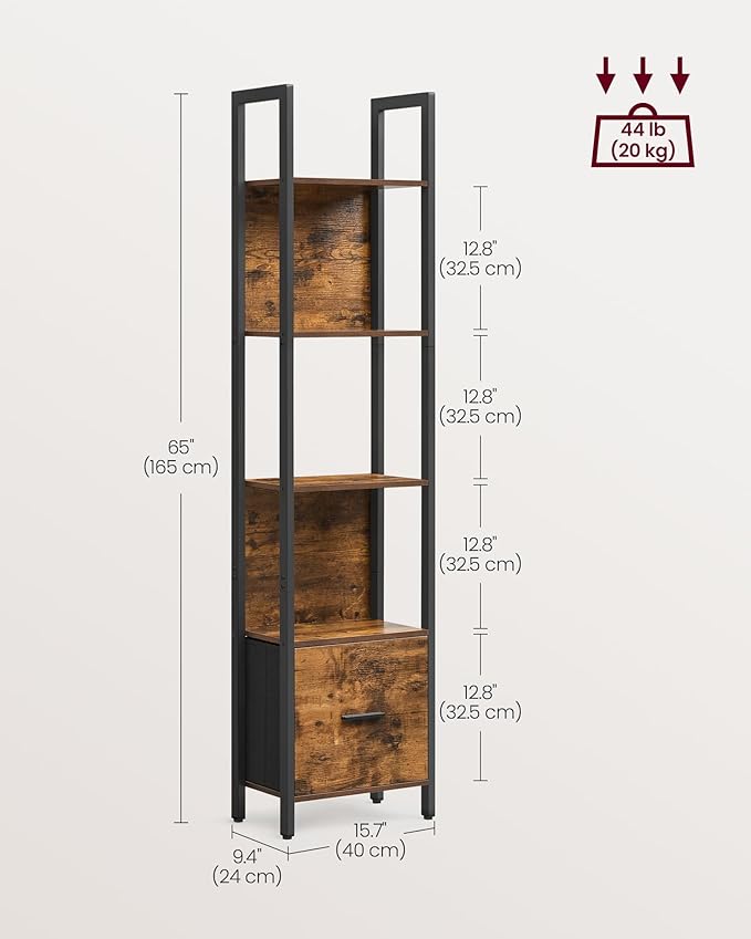 VASAGLE 5-Tier Bookshelf, Book Shelf with Drawer, Industrial Bookcase, with Steel Frame, for Living Room, Home Office, Bedroom, 9.4 x 15.7 x 65 Inches, Rustic Brown and Black ULLS146B01