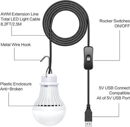 2 Pack USB LED Camping Lantern, 8.2 ft Extra Length Cord Tent Light with USB Y-Cable, Portable LED Bulb for Garage, Warehouse, Car, Truck, Fishing Boat, Room, Emergency Light, Warm