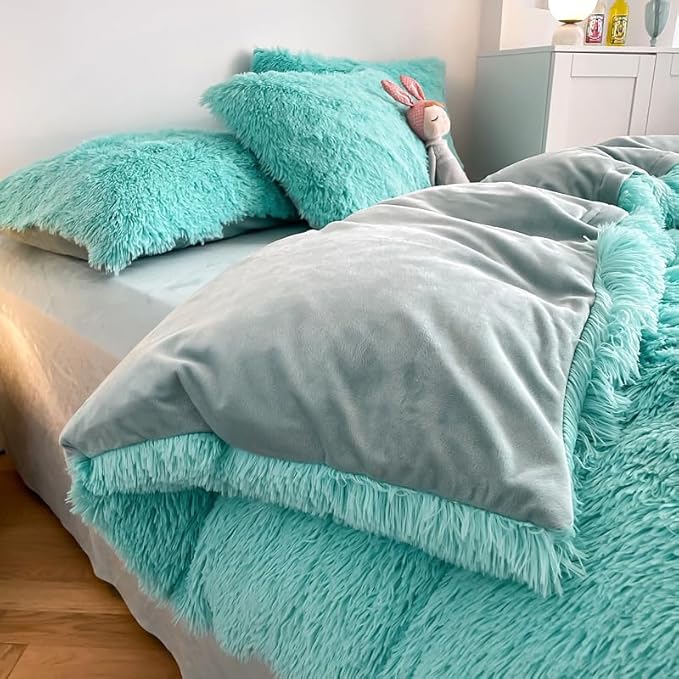 Faux Fur Kids Girls Sky Blue Comforter Sets King - 3PC Bed Set Warm Comfortable Soft Plush Flannel Velvet Fluffy Fuzzy Bedding（Comforter x 1 Pillowcases x 2）