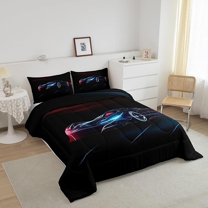 Feelyou Red Blue Race Car Bedding Set Full Size for Kids Boys Extreme Sport Games Comforter Set Teens Toddler Fast and Furious Duvet Set Cool Modern Quilt Set 3Pcs