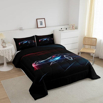 Feelyou Red Blue Race Car Bedding Set Full Size for Kids Boys Extreme Sport Games Comforter Set Teens Toddler Fast and Furious Duvet Set Cool Modern Quilt Set 3Pcs