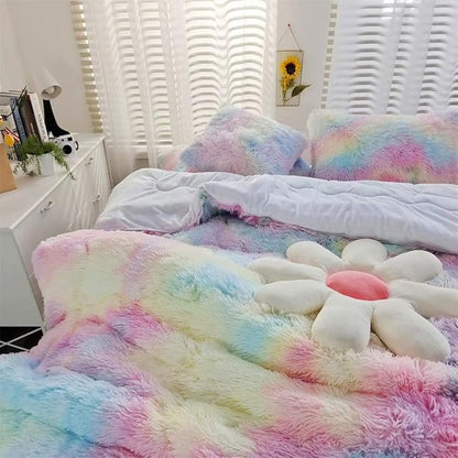 Faux Fur Kids Girls Rainbow Comforter Sets King - 3PC Bed Set Warm Comfortable Soft Plush Flannel Velvet Fluffy Fuzzy Bedding（Comforter x 1 Pillowcases x 2）