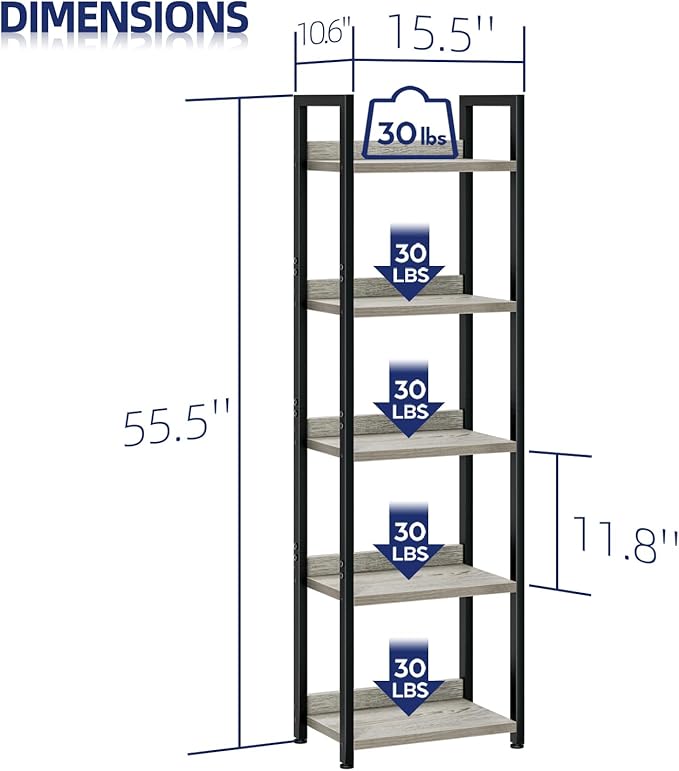 NUMENN Narrow Bookshelf, 5 Tier Bookshelves, Home Office Bookcase Shelf Storage Organizer, Free Standing Storage Shelving Unit for Bedroom, Living Room and Home Office, Grey