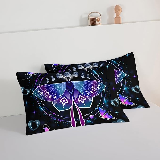 HOSIMA Butterfly Comforter Set with 2 Pillowcases,Moon Starry Sky Galaxy Comforter Butterfly Room Decor Aesthetics,Blue Heart -Shaped Bubble Queen Comforter Set for Adults Kids Black Comforter.