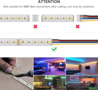 BTF-LIGHTING RGBCCT 5 Colors in 1 LED Tape Lights 5050SMD RGBWW RGB+Dimmable Color Temperature 2700K-6500K 16.4ft 96LED/m 480LED IP67 DC24V White PCB for Home Decoration(No Adapter or Controller)