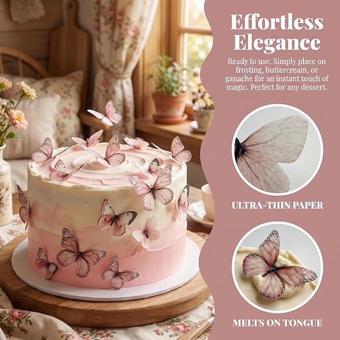 80-Piece Edible Wafer Paper Pink Butterfly Cake Decorations – Rice Paper Butterfly Toppers, Icing Decor for Birthday Cakes, Cupcakes, Cookies, and Desserts – Pastel Pink Theme