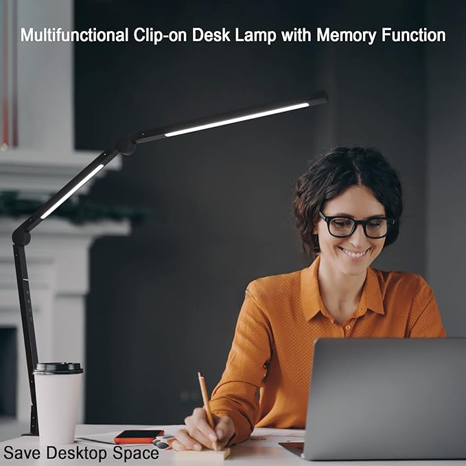Desk Lamp, LED Desk Lamp with Clamp for Home Office, High Brightness Dimmable Desk Light, Adjustable Color Temperature Swing Arm Architect Lamp with Memory & Timing,Touch control Clamp Lamp