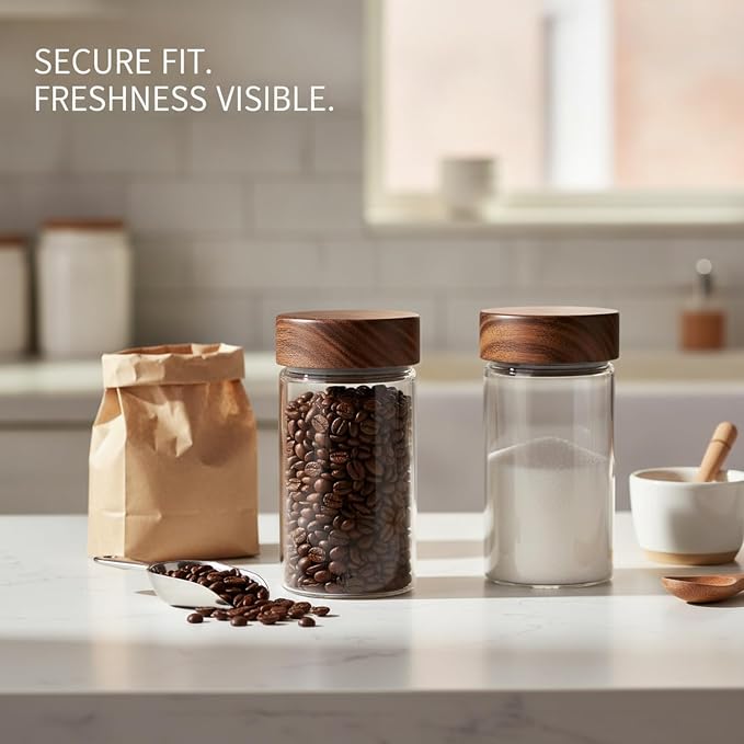 Glass Storage Jar with Acacia Wood Lid, Borosilicate Food Canister for Coffee Beans Tea Sugar Dry Pantry Staples (1 PC)