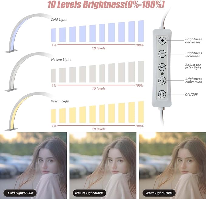 Half Moon Light for Nail Desk,30in Nail Desk Lamp, Lash Lamp for Eyelash Extensions Tattoo Spa Salon 180° All-Round Lighting Half Moon Nail Lamp with Cool/Warm Tones & 10 Brightness
