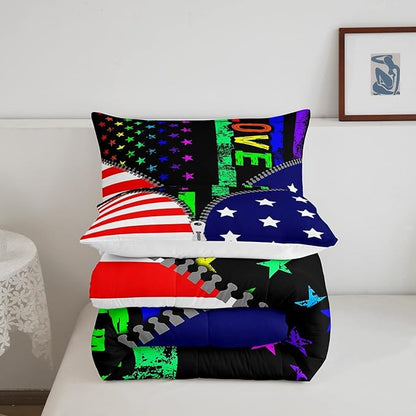 Erosebridal American Flag Comforter Set Rainbow Pride Bedding Set Queen Size for Kids Boys Teens Bedroom,USA Federations Stars Stripes Down Comforter Unique Zipper Design Quilted Duvet, Colorful