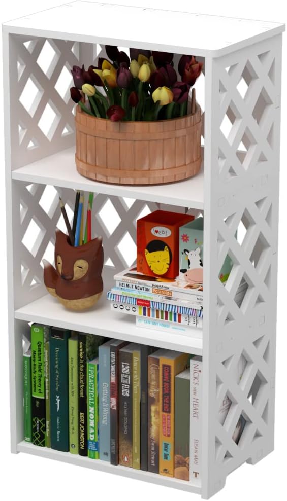Bookcase 4 Tier, 3-Shelf Kids Bookshelf - Compact Book Organizer and Open Shelf Rack for Bedroom, Living Room, Office, Bathroom - Ideal Small Bookcase for Small Spaces - White