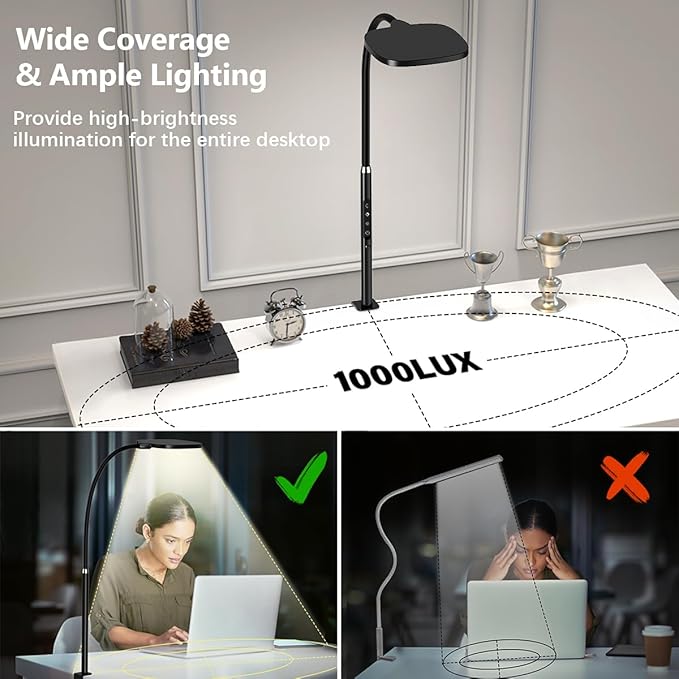 LED Desk Lamps for Home Office, Clamp Desk Light for Video Conference, Dimmable, Rotatable, Top Bright, Large Lighting Area, Remote & Touch, Clip Table Lamp for Computer Monitor, Study, Work