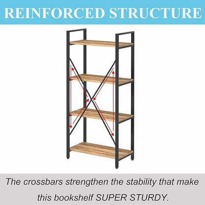 BON AUGURE Industrial 4 Tier Bookshelf, Modern Open Shelving Unit Book Shelves, Heavy Duty Etagere Bookcase, Wood Metal 4 Shelf Book Case for Office, Living Room and Bedroom (Vintage Oak)