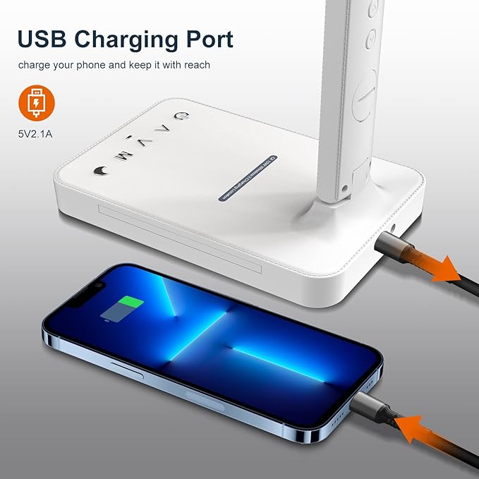 poukaran Desk Lamp, LED Desk Lamp with Wireless Charger, USB Charging Port, Table Lamp with Night Light, Desk Lights with Clock, Alarm, Date and Temperature, White