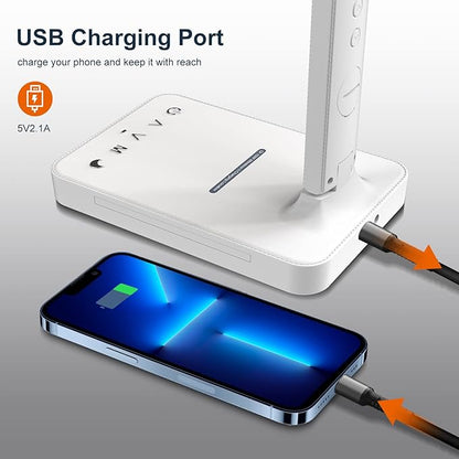 poukaran Desk Lamp, LED Desk Lamp with Wireless Charger, USB Charging Port, Table Lamp with Night Light, Desk Lights with Clock, Alarm, Date and Temperature, White
