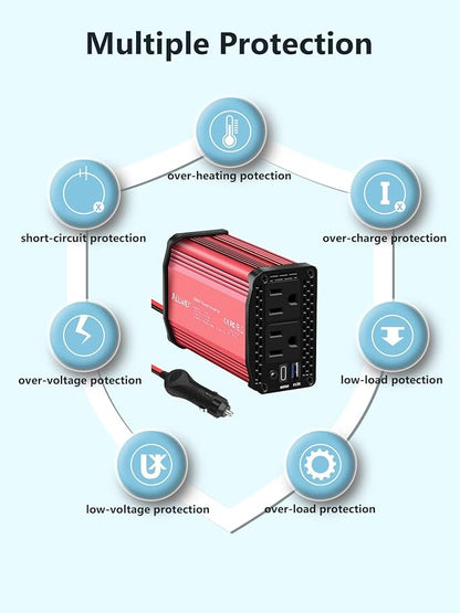 ALLWEI 300W Power Inverter DC 12V to 110V AC, Compact Car Plug Adapter Outlet with 65W PD USB-C &18W USB-A Fast Charging, Cigarette Lighter Adapter Car Charger for Phone, Laptop on Road Trip - Red