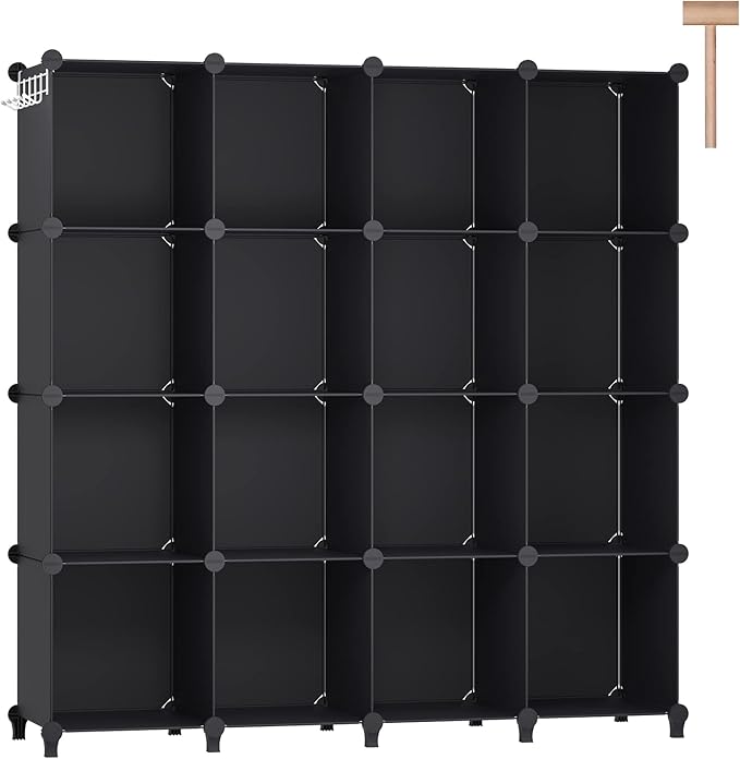 16 Cubes Storage Organizer, Bookcase, Display Shelf with Wooden Mallet, Cabinet Storage for Kids, Adult, Office, Bedroom, Bathroom, Black