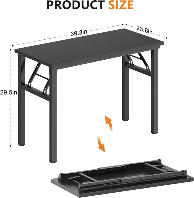 DlandHome 39.4 Inch Small Folding Computer Desk for Home Office, Black | Foldable Writing Table for Small Spaces Bedroom, No Assembly Required, Wood Top Metal Frame, Collapsible Compact Easy Storage