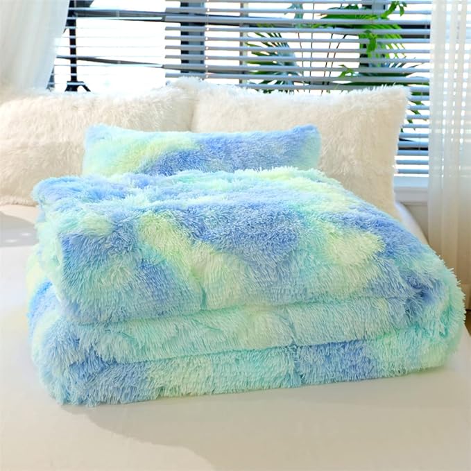 Faux Fur Kids Girls Green Rainbow Comforter Sets Queen - 3PC Bed Set Warm Comfortable Soft Plush Flannel Velvet Fluffy Fuzzy Bedding（Comforter x 1 Pillowcases x 2）