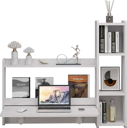 Pmnianhua Floating Desk,41'' Wall Mounted Desk Fold Down Laptop Desk Folding Space Saving Table Workstation with Storage Shelves for Bedroom Study Room Small Space (Off White-Right)