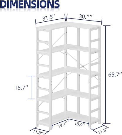 NUMENN 5 Tier Corner Bookshelf, Modern Corner Bookcase, Large Open Shelf Bookcase, Tall Bookshelves Storage Display Rack for Bedroom, Living Room and Home Office, White