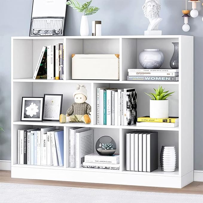 IOTXY Open Shelf Low Bookcase - Wooden 3-Tier Floor Standing Display Cabinet Organizer with Base, 8 Cubes Short Horizontal Bookshelf in Warm White