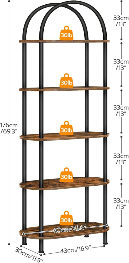 HOOBRO 5 Tier Open Bookshelf, Industrial Arched Bookcase Display Shelf Racks, Wooden Bookcase Storage Shelves Metal Frame, Tall Storage Organizer for Home, Easy Assembly, Rustic Brown BF176SJ01