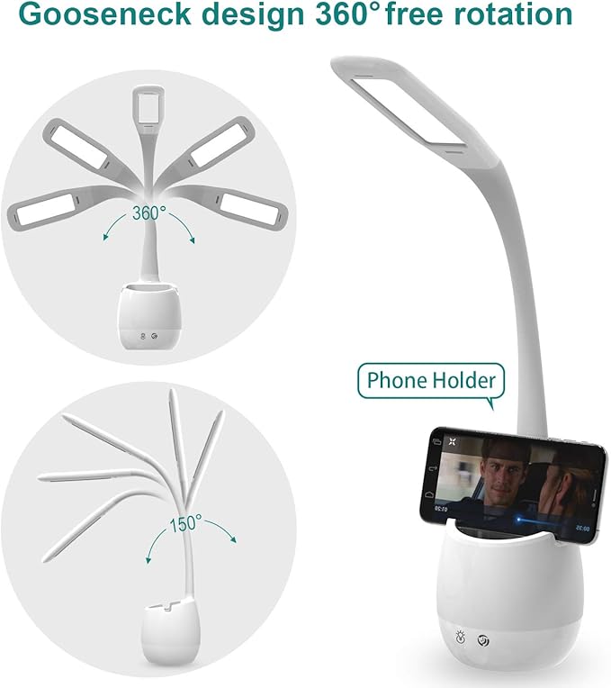ERAY Kids Desk Lamp LED Study 2000mAh Rechargeable Desk Light with Pen Holder/ 8 Colors Night Light/ 3 Brightness Levels/Touch Control, Dimmable Table Lamp for Boys & Girls Eye-Caring Reading