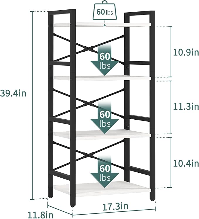 Yoobure 4 Tier Bookshelf - Small Book Shelf Industrial Bookcase, Narrow Book Case Book Storage Organizer for CD/Movie/Book, Bookshelves for Bedroom Office Living Room White