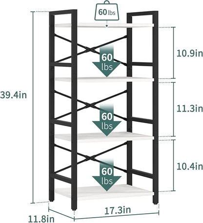 Yoobure 4 Tier Bookshelf - Small Book Shelf Industrial Bookcase, Narrow Book Case Book Storage Organizer for CD/Movie/Book, Bookshelves for Bedroom Office Living Room White