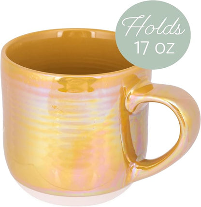 Elanze Designs Glossy Reactive Glaze Large 17 Fluid Ounce Everyday Kitchen Food Grade Ceramic Stoneware Coffee Mug Cup with Comfort Curved Handles, Set of 4, Gold Tone