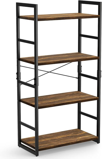 Pipishell Bookshelf, 4-Tier Bookcase, Storage Bookshelves, Tall Bookcase Shelf Storage Organizer, Book Shelf with Steel Frame, Vintage Standing Shelf for Home Office, Living Room, Bedroom, Kitchen