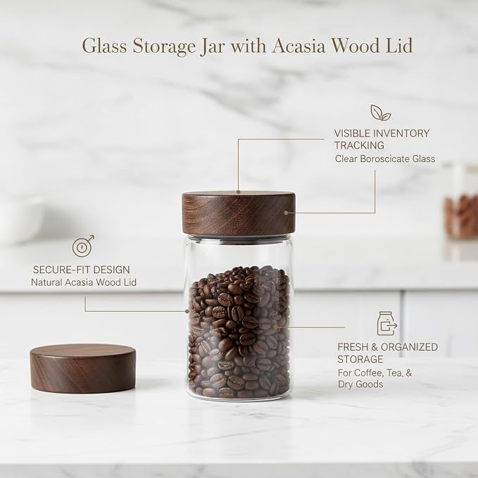 Glass Storage Jar with Acacia Wood Lid, Borosilicate Food Canister for Coffee Beans Tea Sugar Dry Pantry Staples (1 PC)