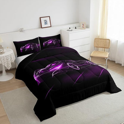 Feelyou Purple Race Car Bedding Set Full Size for Kids Boys Extreme Sport Games Comforter Set Teens Toddler Fast and Furious Duvet Set Cool Modern Quilt Set 3Pcs