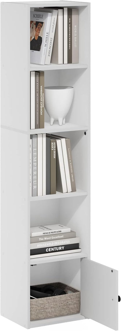 Furinno Luder Shelf Bookcase with 1 Door Storage Cabinet, White, 5-Cube with Cabinet