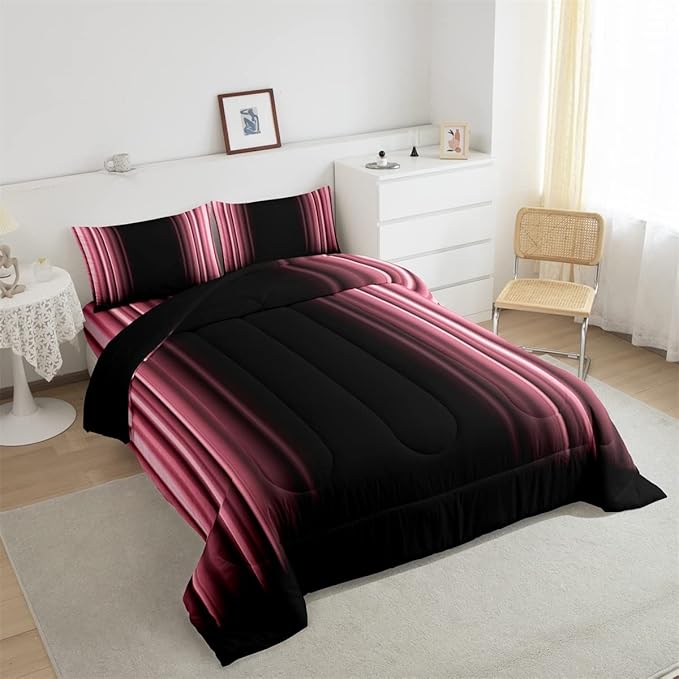 Feelyou Abstract Ombre Comforter Set Kids Teens Pink Black Bedding Set Room Decor 3Pcs Full Size,Reversible Black Boys