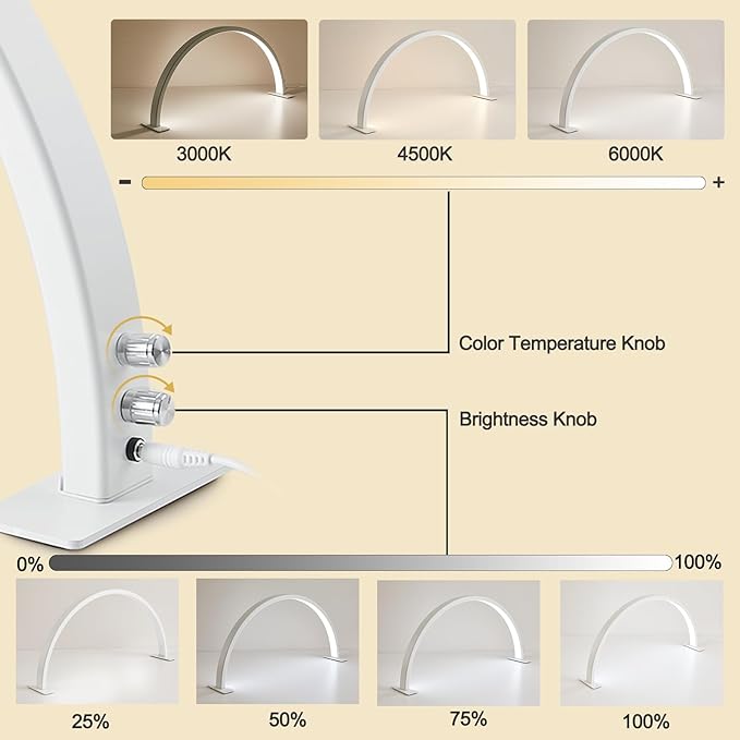 Half Moon Lamp for Naiil Desk 3000-6000k 50w LED Lash Lamp for Lash Extension Led Light for Nails tech, Stepless Dimming 3 Color Led Light for Nails Tech