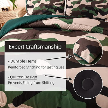 Meeting Story Camouflage Bedding Set, Green Camouflage Comforter Set, 3 PCS One Comforter and Two Pillowases, All Season Soft Bedspread for Kids Teens Adults (Green, Twin)