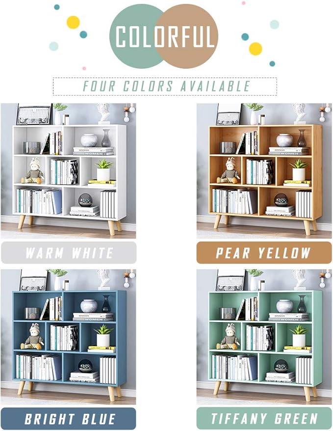 IOTXY Wooden Open Shelf Bookcase - 3-Tier Floor Standing Display Cabinet Rack with Legs, 7 Cubes Bookshelf, Bright Blue