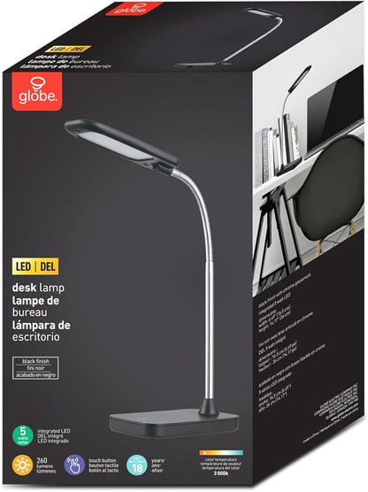 Globe LED Integrated Desk Lamp, Black, Chrome Gooseneck