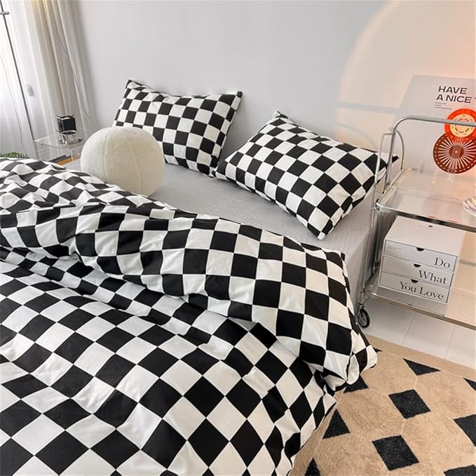 Wellboo Black White Plaid Comforter Sets Full Women Men Black and White Checkerboard Grid Bedding Comforters Cotton Boys Girls Modern Black Checkered Geometric Quilts Luxury Abstract White Bedding