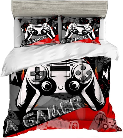 Sunnycitron Red Gamer Comforter Set for Boys Gaming Bedding Set Teens Game Room Decor Full (1 Comforter + 2 Pillowcase)