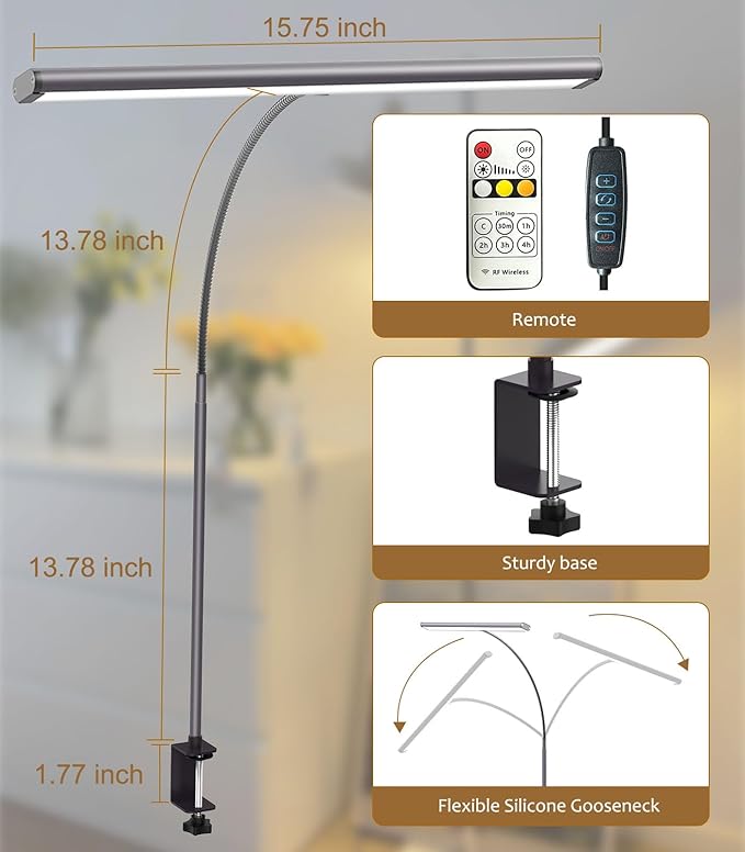 LED Desk Lamp for Home Office, Eye-Caring Computer Desk Light Bar with Adjustable Gooseneck, 12W Desk Lamp with Clamp, Remote Control, 30 Lighting Modes, Ideal for Reading, Studying
