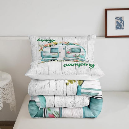 Girls Camper Comforter Set Camping Car Floral Down Comforter Twin Size Rustic Farmhouse Theme Bedding Set Camping Decor Retro Chic Flower Quilted Duvet Old Barn Door Vintage Wooden Style Duvet Set