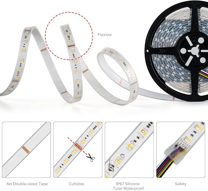 BTF-LIGHTING RGBCCT 5 Colors in 1 LED 5050SMD RGBWW RGB+Dimmable Tunable Color Temperature 2700K-6500K 16.4ft 60LEDs/m 300LEDs DC12V Multi-Colored Tape Lights IP67 White PCB(No Adapter or Controller)