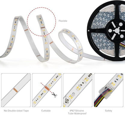 BTF-LIGHTING RGBCCT 5 Colors in 1 LED 5050SMD RGBWW RGB+Dimmable Tunable Color Temperature 2700K-6500K 16.4ft 60LEDs/m 300LEDs DC24V Multi-Colored Tape Lights IP67 White PCB(No Adapter or Controller)