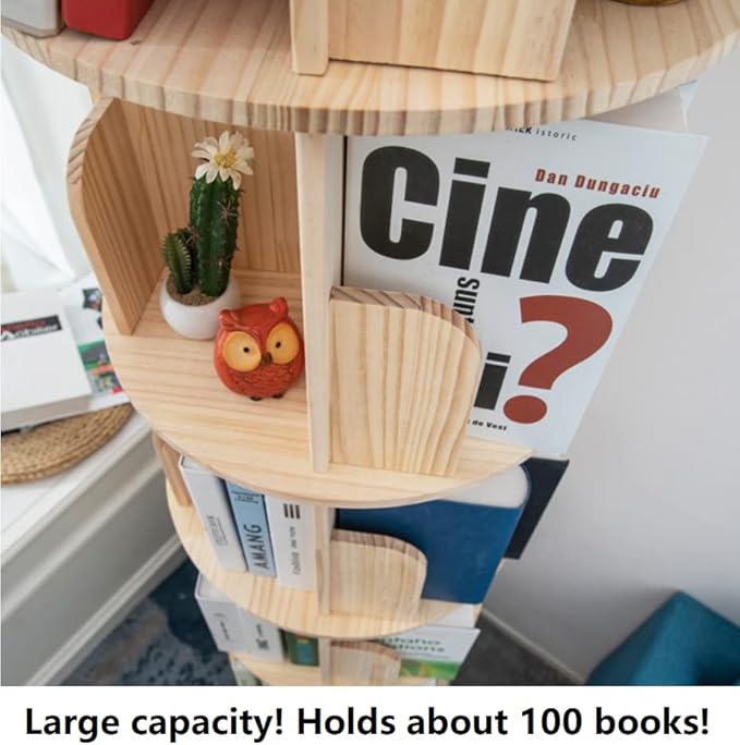 Rotating Bookshelf 360 Display 4 Tier Floor Standing Bookcase Storage Rack for Kids&Adults Solid Wood Bookshelf Organizer