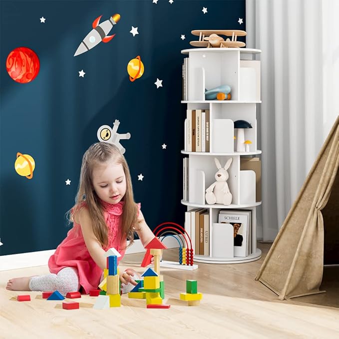 OTK Rotating Bookshelf, 360° Display Standing Book Shelf Organizer, 4 Tier Wooden Corner Bookshelves for Small Space, Small Bookcase Storage Rack for Kids' Room, StudyRoom, Bedroom, White