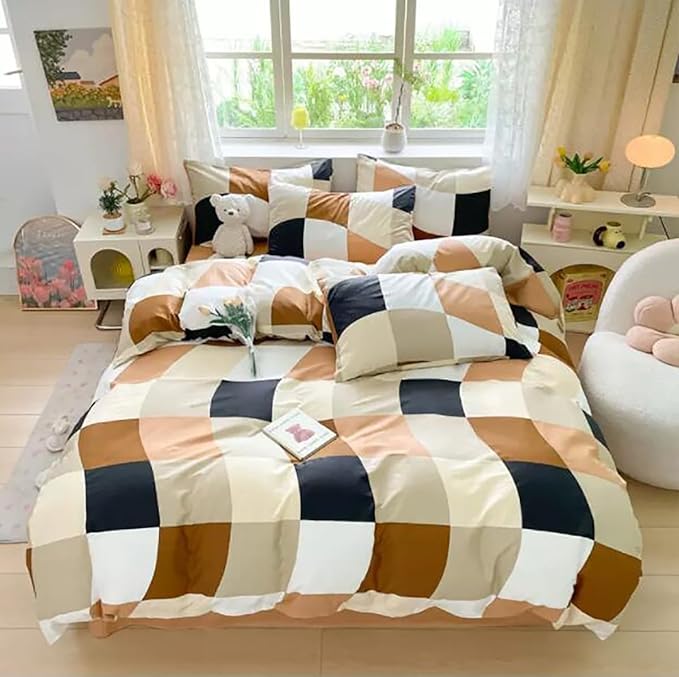 Checkerd Comforter Set King Multicolored Grid Comforter Men Women Modern Chic Checkered Bed Comforter White Black Plaid Buffalo King Bedding Comforter All Season Hotel Quality Bed Set